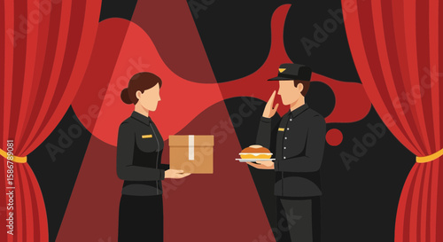 Stage Performers Exchange Prop Box and Baked Dessert On Theatrical Stage