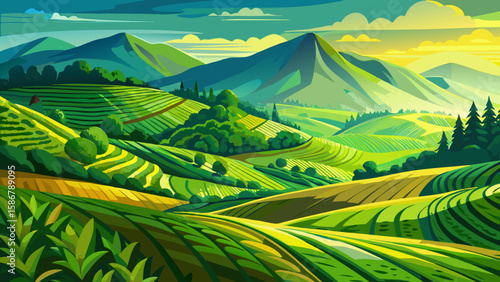 Nuwara Eliya Tea Fields, Central Province, Sri Lanka – Bright green terraces twist over hills. Distant peaks rise into the mist., adding human warmth to this vector view.