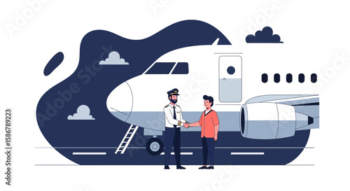 Pilot Welcoming Passenger Near Airplane Flat Vector Illustration