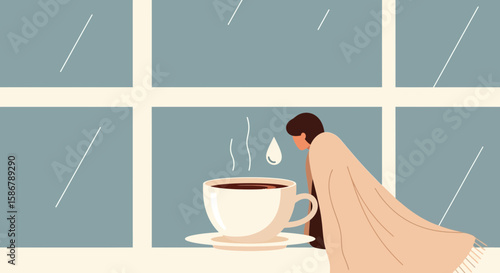 Relaxing Morning With A Hot Drink By The Rainy Window Silhouette Style