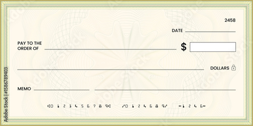 Blank bank check, checkbook cheque template or money payment paper voucher, vector mockup. Business or personal account cash pay cheque certificate or paycheck coupon from checkbook