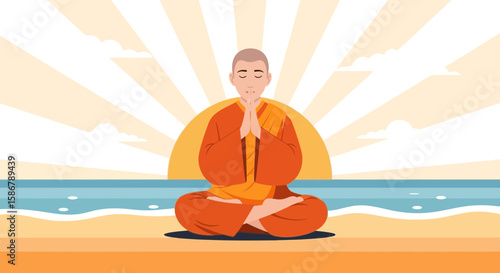 Meditating Monk Seeking Inner Peace And Calmness At A Secluded Beach Sunrise
