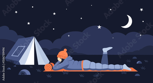 Stargazing Adventure At Night With A Lone Camper Near His Tent