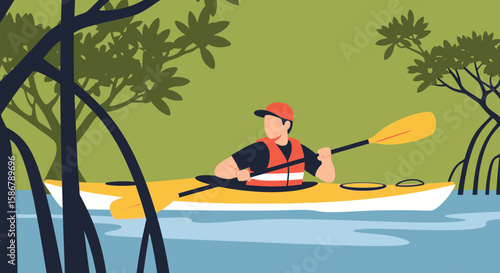Kayaking Adventure Amidst Tranquil Mangroves: A Vector Illustration For Outdoors