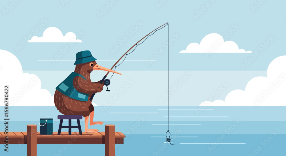 Fototapeta Kiwi Bird Enjoying A Day Of Fishing On The Pier With Rod And Reel