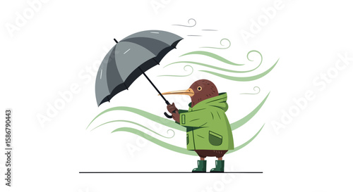 Kiwi In Stormy Weather Holding An Umbrella Wearing Green Raincoat And Boots