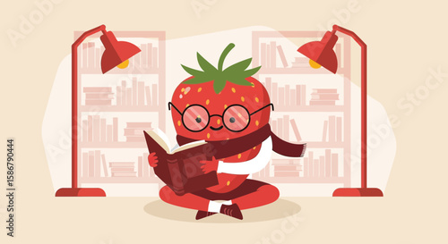 Strawberry Character Reading a Book in Library Educational Illustration Concept