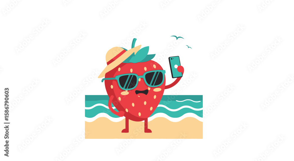 Fototapeta premium Strawberry On Vacation Character Mascot On The Beach Taking A Selfie Photo