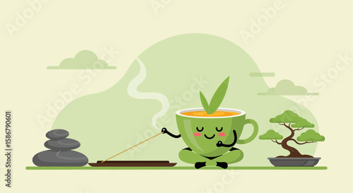 Mindful Green Tea Cup Doing Yoga And Meditating With Incense Burning
