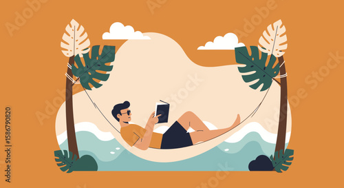 Leisurely Reading In A Hammock, Under Palm Trees Near Turquoise Waves