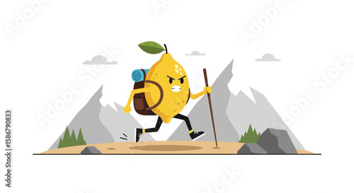 Lemon Character Embarking on An Adventurous Mountain Hike With Backpack and Walking Stick