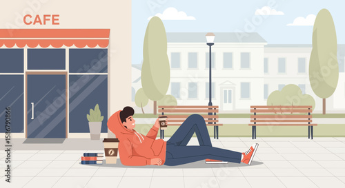 Leisurely Study Break Young Man Enjoying Coffee Relaxation In Front Of Cafe