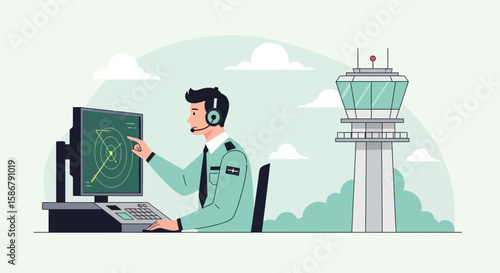 Modern Air Traffic Controller Working On Radar Screen In Airport Control Tower