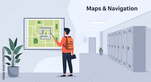 Student Explains School Map Using Pointer Stick In Academic Hallway Illustration