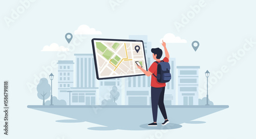 Modern City Traveler Navigating Using Digital Map With Smartphone and Backpack