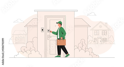 Modern Delivery Service: Courier Bringing Package To A House In The Suburbs