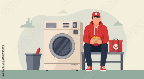 Modern Home Laundry Room Scene Deliveryman Waiting With Fresh Food Order