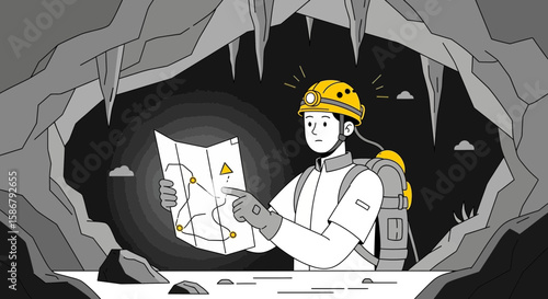 Lost In The Dark Cave Explorer Trying To Find The Way Out Using Map