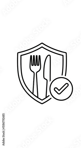 Black line art icon of fork knife and shield with checkmark for food safety food hygiene food handling