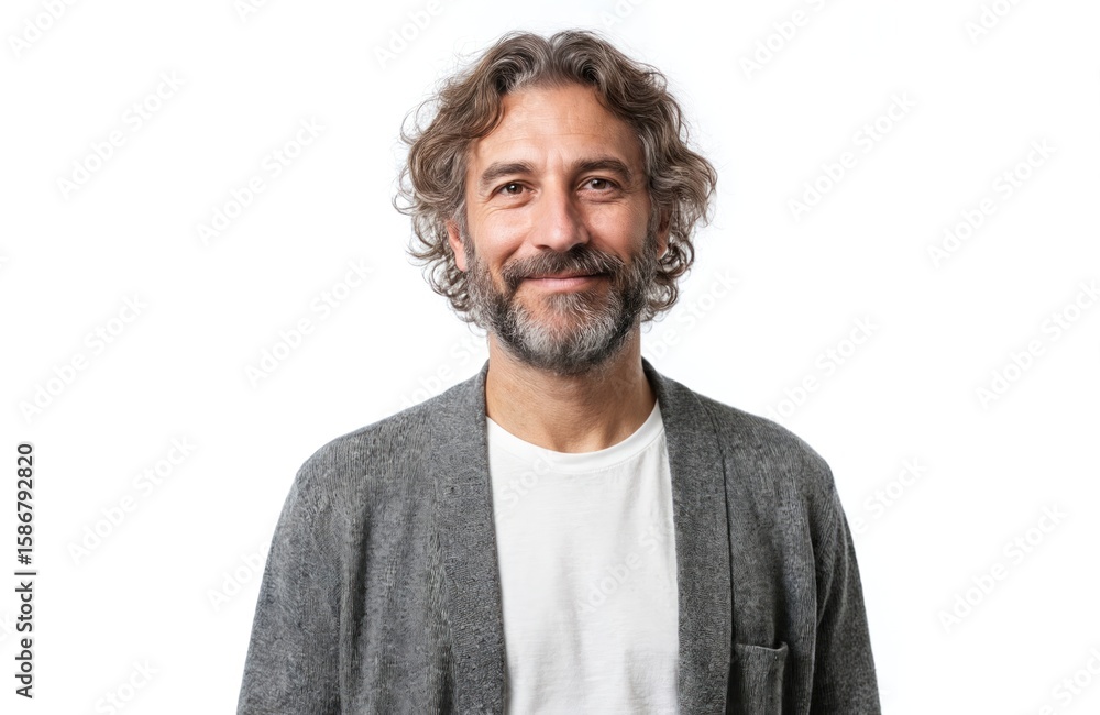 Obraz premium Smiling senior man with grey hair, beard looks at camera. Mature adult male wears casual grey cardigan over white t-shirt. Isolated on white studio background. Appears relaxed, happy, comfortable.