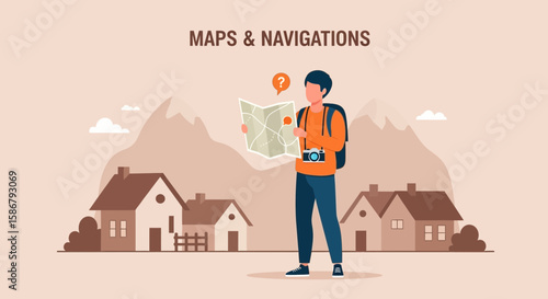 Lost Traveler Navigating With Map in Village Landscape Adventure Vector Illustration