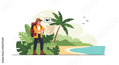 Lost Traveler With Map Enjoying A Tropical Vacation On An Exotic Island
