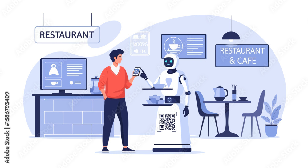 Modern Restaurant With Robot Waiter Serving Customer Using Digital Menu Modern Restaurant With Robot Waiter Serving Customer Using Digital Menu