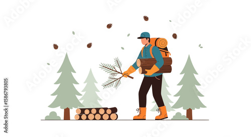 Lumberjack Collecting Wood In Pine Forest For Winter Camping Preparing Woods