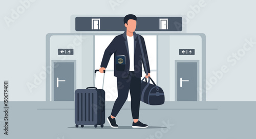 Modern Traveler Walking In Airport Terminal With Luggage And Passport Ready