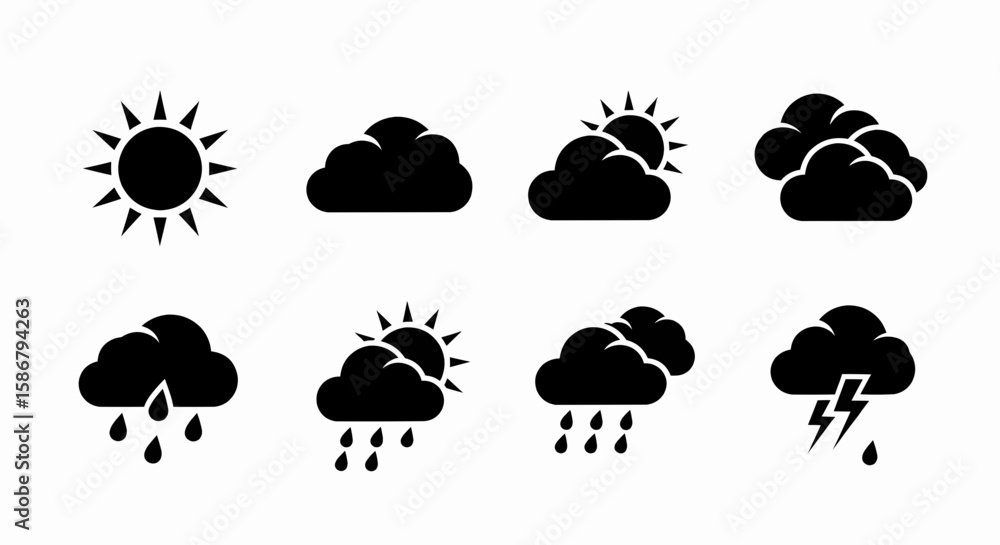 Obraz premium Weather Forecast Icons Showing Sun, Clouds, Rain, and Storms 