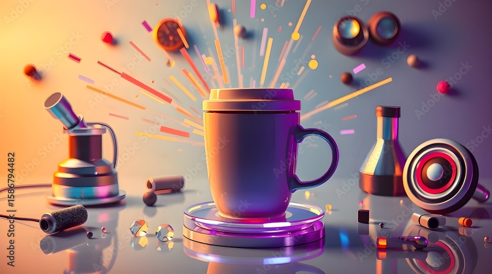 Fototapeta premium A futuristic sci-fi style flatlay coffee setup explodes with bright vibrant colors. Advanced technology and space elements create a lively and energetic scene 
