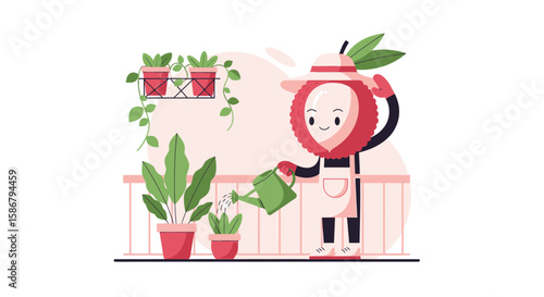 Lychee Character Enjoying Gardening Watering Plants In A Pot With Water
