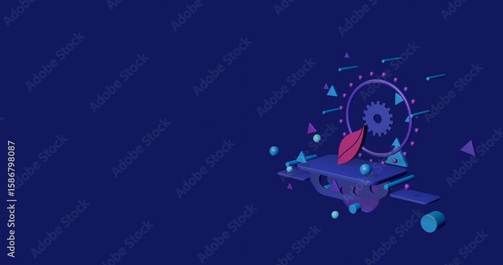 Naklejka premium Pink leaflet symbol on a pedestal of abstract geometric shapes floating in the air. Abstract concept art with flying shapes on the right. 3d illustration on indigo background