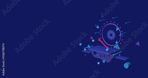 Pink wrench symbol on a pedestal of abstract geometric shapes floating in the air. Abstract concept art with flying shapes on the right. 3d illustration on indigo background