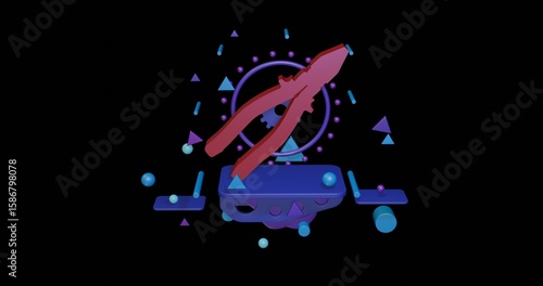 Red pliers symbol on a pedestal of abstract geometric shapes floating in the air. Abstract concept art with flying shapes in the center. 3d illustration on black background