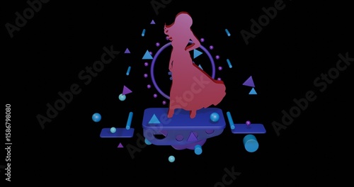 Red lady symbol on a pedestal of abstract geometric shapes floating in the air. Abstract concept art with flying shapes in the center. 3d illustration on black background