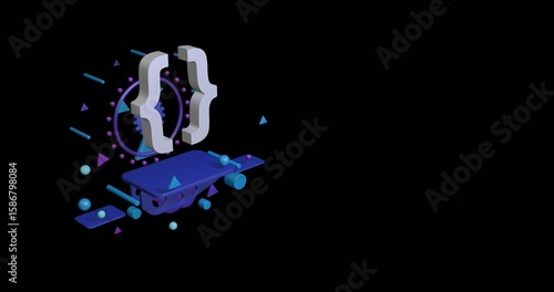 White curly brackets symbol on a pedestal of abstract geometric shapes floating in the air. Abstract concept art with flying shapes on the left. 3d illustration on black background