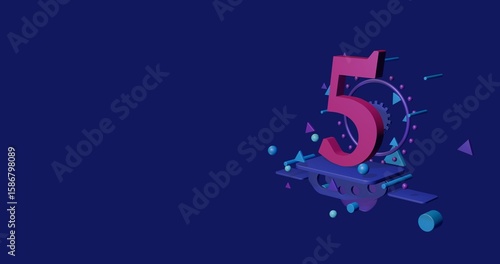 Pink number five symbol on a pedestal of abstract geometric shapes floating in the air. Abstract concept art with flying shapes on the right. 3d illustration on indigo background
