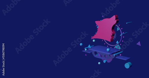 Pink wolf head symbol on a pedestal of abstract geometric shapes floating in the air. Abstract concept art with flying shapes on the right. 3d illustration on indigo background