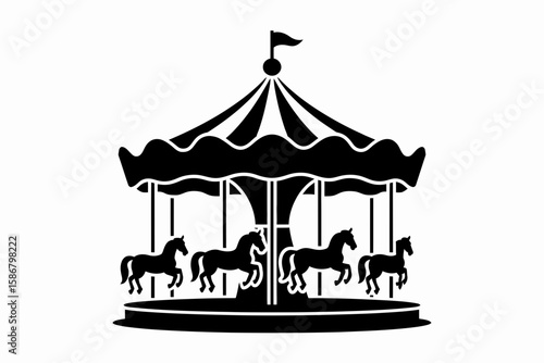Silhouette illustration of a classic carousel with horses, featuring a striped tent roof and a small flag on top.