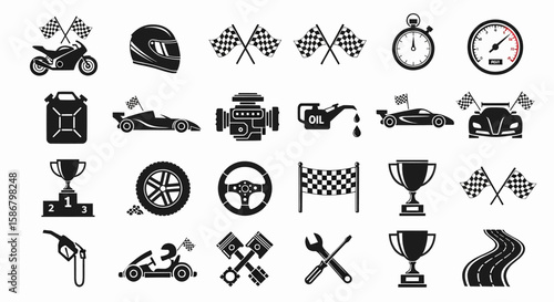 Motor Racing Icons Race Car, Trophy, and Motorsport Essentials in Sleek Vector Style