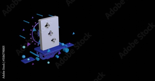 White Three of Clubs playing card on a pedestal of abstract geometric shapes floating in the air. Abstract concept art with flying shapes on the left. 3d illustration on black background