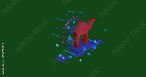 Red camel symbol on a pedestal of abstract geometric shapes floating in the air. Abstract concept art with flying shapes in the center. 3d illustration on green background