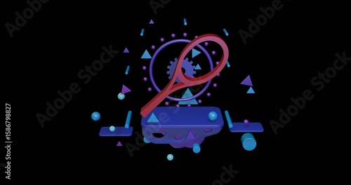 Red tennis racket symbol on a pedestal of abstract geometric shapes floating in the air. Abstract concept art with flying shapes in the center. 3d illustration on black background
