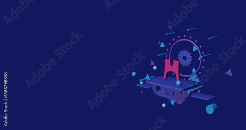 Pink women's jacket symbol on a pedestal of abstract geometric shapes floating in the air. Abstract concept art with flying shapes on the right. 3d illustration on indigo background