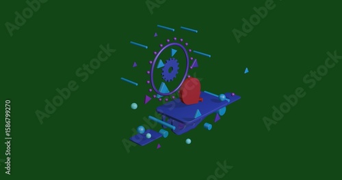 Red tape measure symbol on a pedestal of abstract geometric shapes floating in the air. Abstract concept art with flying shapes in the center. 3d illustration on green background