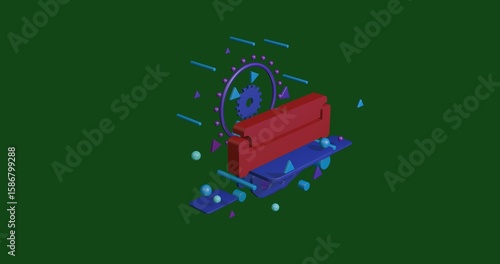 Red sofa symbol on a pedestal of abstract geometric shapes floating in the air. Abstract concept art with flying shapes in the center. 3d illustration on green background