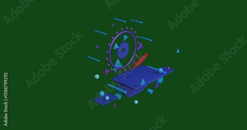 Red feather symbol on a pedestal of abstract geometric shapes floating in the air. Abstract concept art with flying shapes in the center. 3d illustration on green background