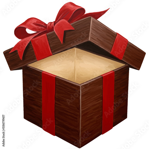 Open Gift Box with Red Ribbon Painted Texture Isolated on White.