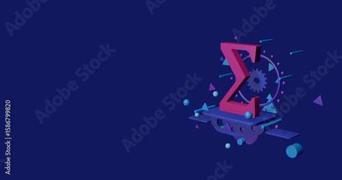 Pink sigma symbol on a pedestal of abstract geometric shapes floating in the air. Abstract concept art with flying shapes on the right. 3d illustration on indigo background